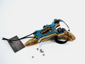 Image of Wooden Sling Shot, The Hooligan, Dark Aqua Spectraply, OOAK handmade Catapult, OTF Slingshot