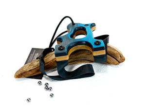 Image of Wooden Sling Shot, The Hooligan, Dark Aqua Spectraply, OOAK handmade Catapult, OTF Slingshot
