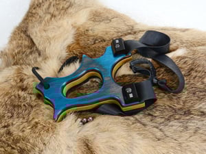 Image of Wooden Sling Shot, The Hooligan, Dark Aqua Spectraply, OOAK handmade Catapult, OTF Slingshot