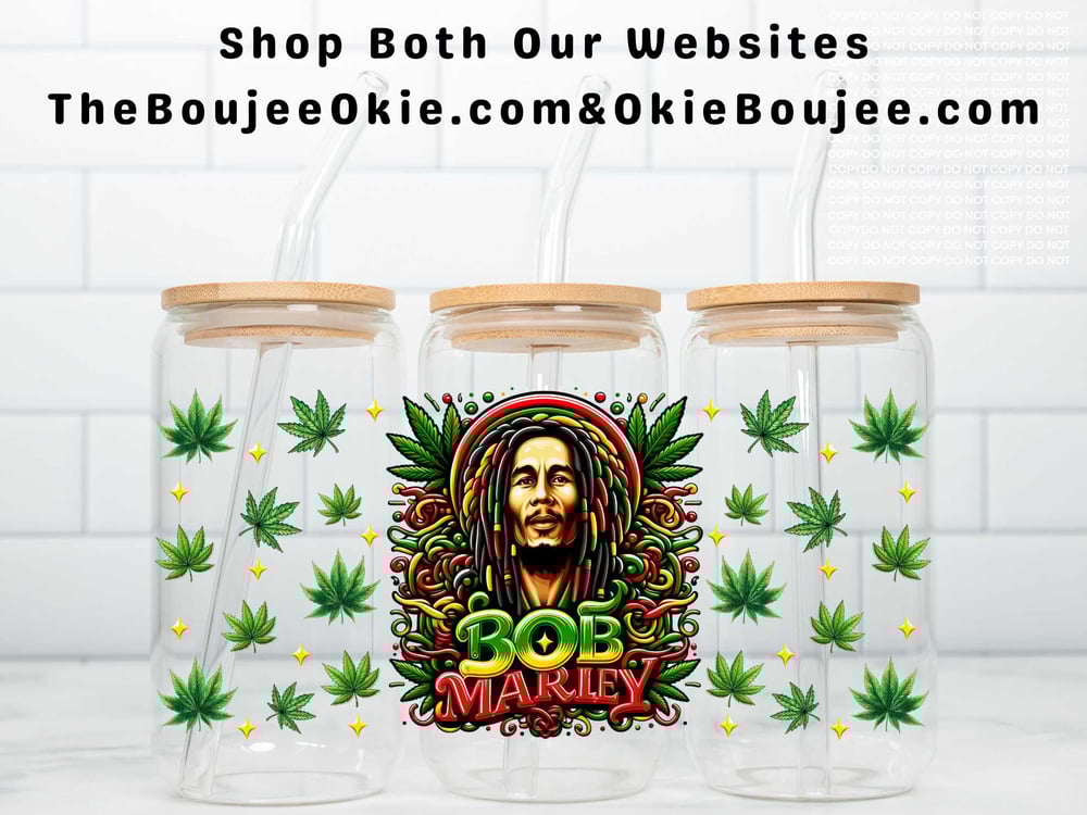 Image of Bob Marley Double-Sided UV DTF Wrap | 16oz Glass Can Tumbler Design.  W0855