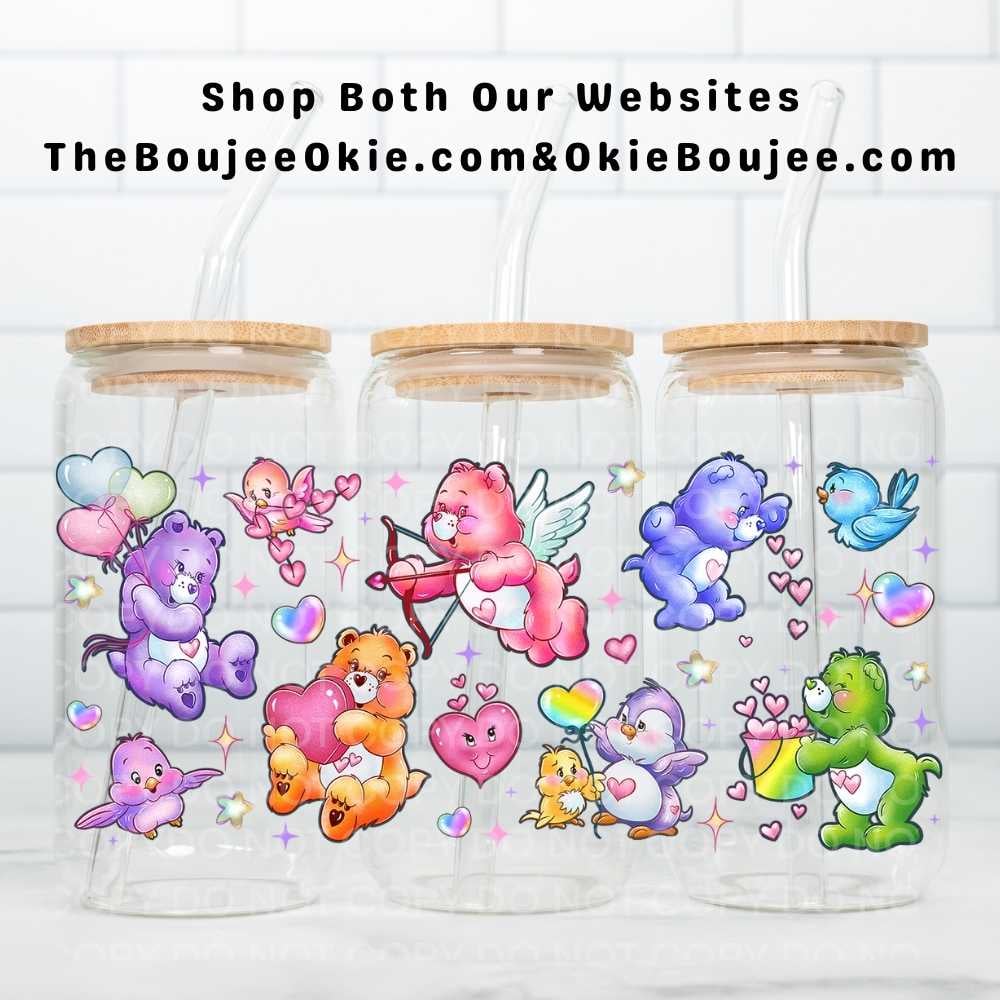 Image of Valentine Love Care Bears Double-Sided UV DTF Wrap | 16oz Glass Can Tumbler Design W0854