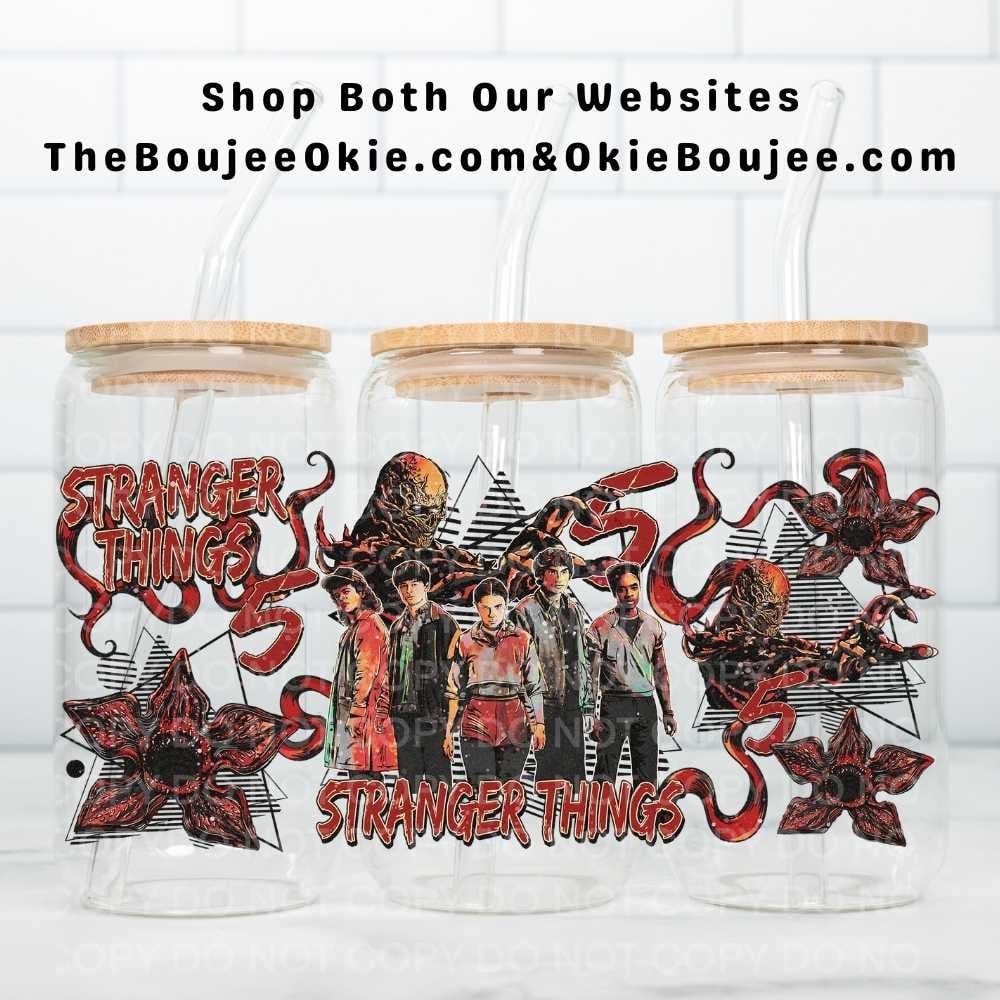 Image of Stranger Things 5 Double-Sided UV DTF Wrap | 16oz Glass Can Tumbler Design  W0828