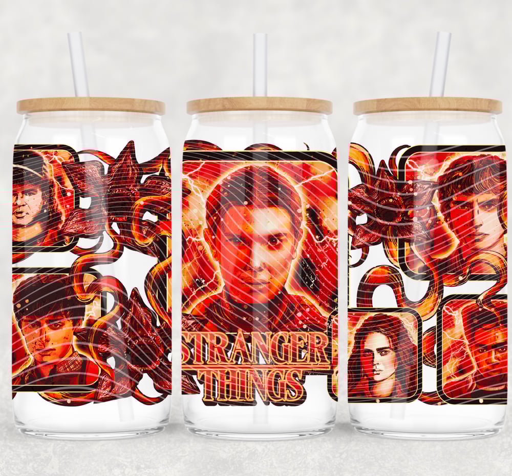 Image of Stranger Things Main Characters Double-Sided UV DTF Wrap | 16oz Glass Can Tumbler Design  W0826
