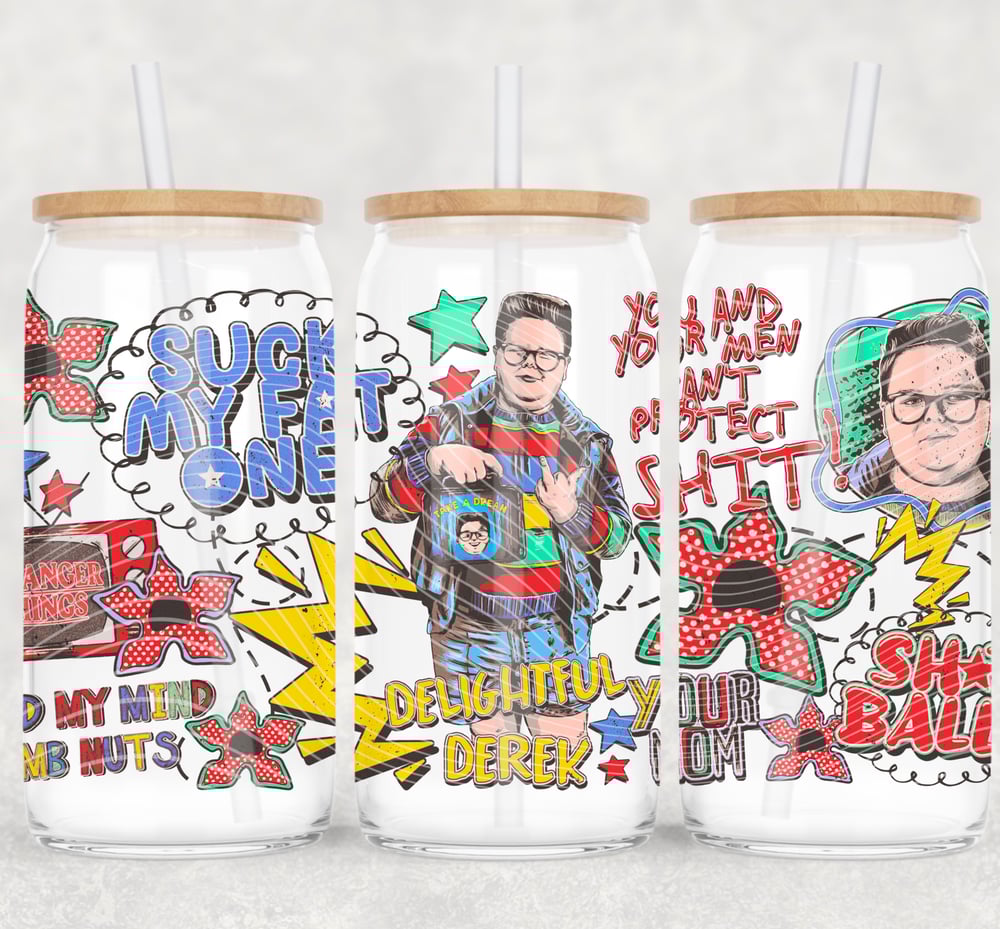 Image of Stranger Things Delightful Derek Double-Sided UV DTF Wrap | 16oz Glass Can Tumbler Design  W0817