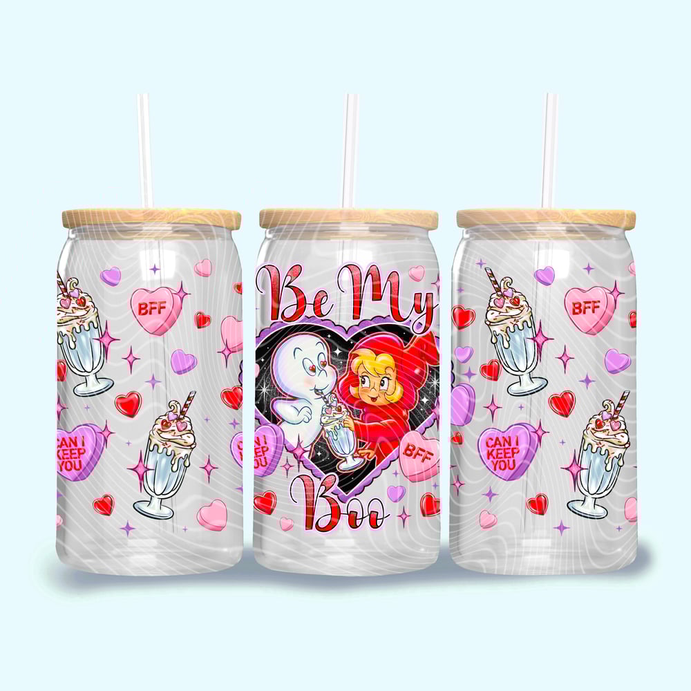 Image of Be My Boo Casper Wendy Valentine Double-Sided UV DTF Wrap | 16oz Glass Can Tumbler Design.  W0801