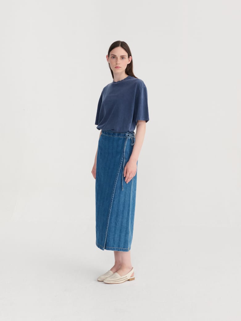 Image of 2-Falda denim rayas Stripe denim wrapped skirt