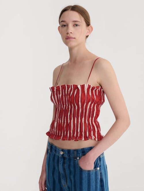 Image of 1-Top rayas fruncido striped cotton top