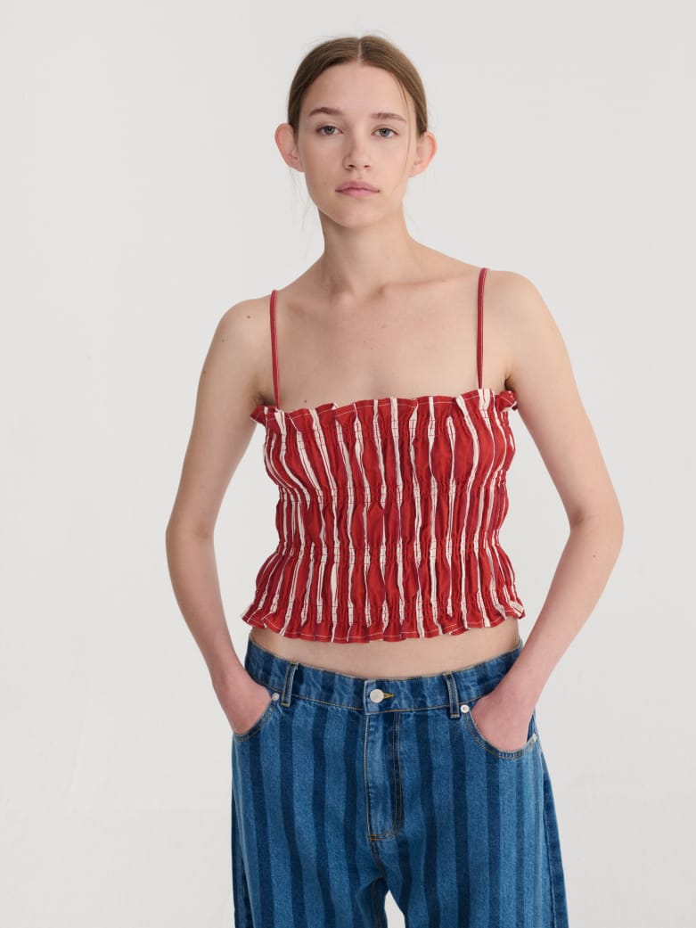 Image of 1-Top rayas fruncido striped cotton top