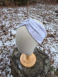 Image 3 of Upcycled Knit Linen Twist Headband in Mottled Grey & White 
