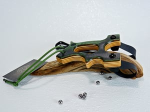 Image of Wooden Sling Shot, The Hooligan, Green Mountain Camo Spectraply, OOAK Catapult, OTF Slingshot