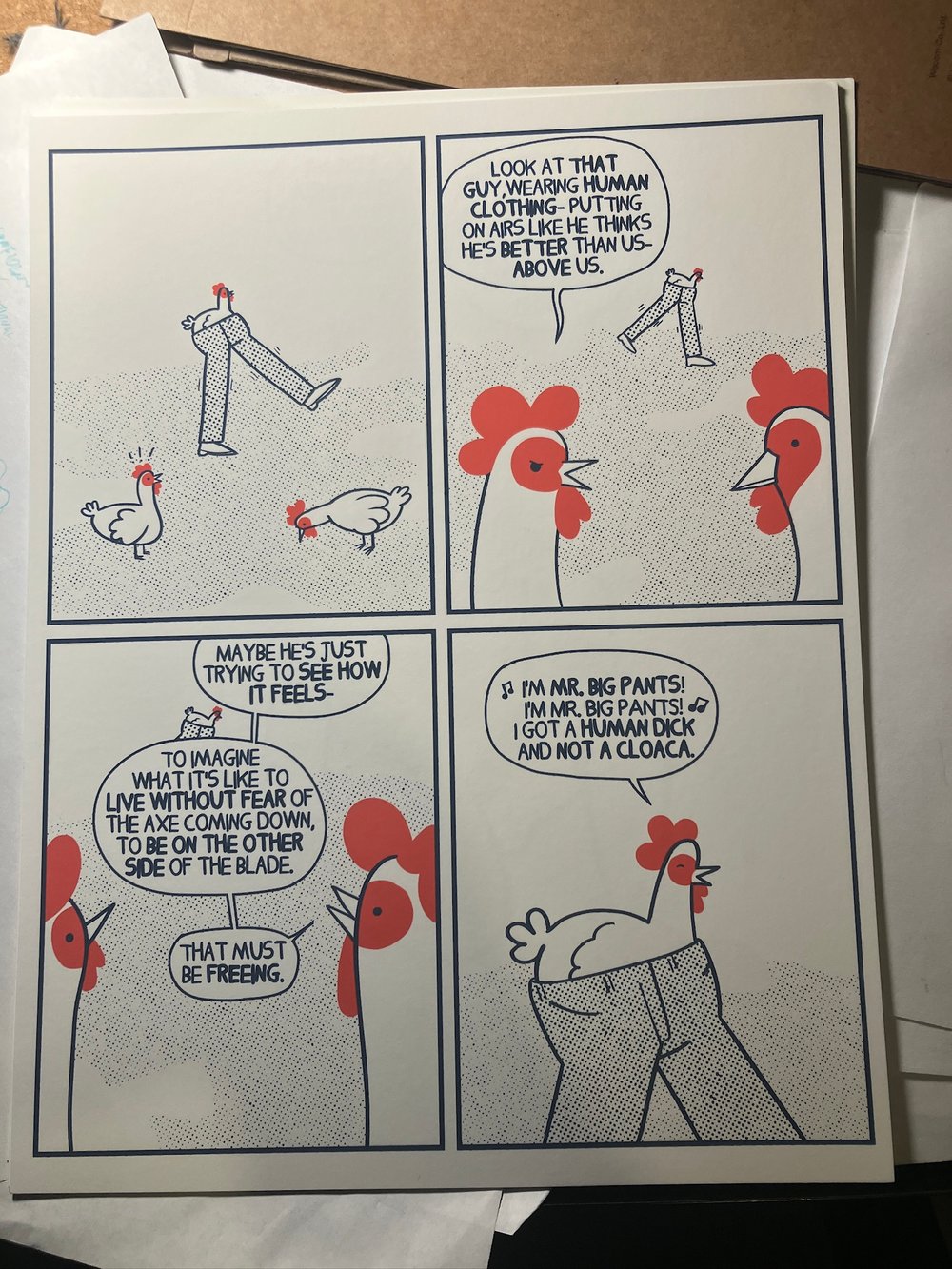 Image of Chicken in pants print