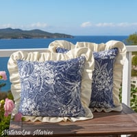 Image 1 of Handmade Blue and White Ruffled Tropical Palm Floral Pillow Set