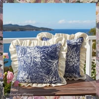 Image 5 of Handmade Blue and White Ruffled Tropical Palm Floral Pillow Set