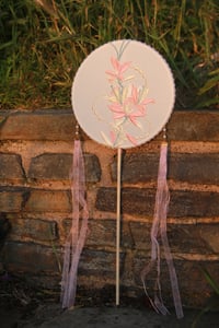 Image 1 of Museum Co-branded Chinese Traditional Handmade Silk Woven Fan - Pink Lily