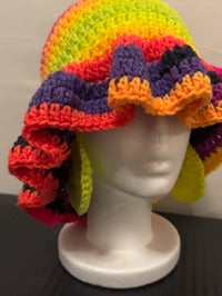 Image 3 of Rainbow Crochet Bucket Ruffle Hat & Earring Set