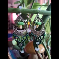 Image 1 of Beaded Mushroom Macramé Earrings-Green