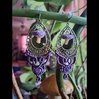 Image 1 of Beaded Mushroom Macramé Earrings-Purple
