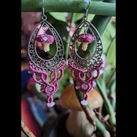 Image 1 of Beaded Mushroom Macramé Earrings-Pink