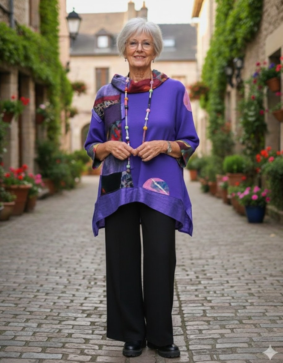 Image of fabric collage top in royal purple