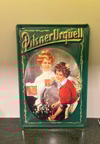 Image 1 of Pilsner Urquell Embossed Metal Sign, Art Nouveau Beer Girls; Vintage 1990s