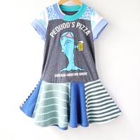 Image 1 of deep dish pequods pizza 6/7 courtneycourtney twirl stripe cubbies chicago short sleeve twirly dress