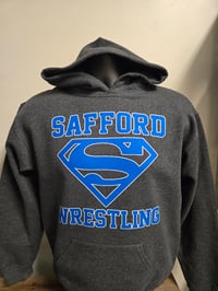 Heather charcoal gray Safford Wrestling hoodie with name on back