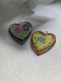 Image 1 of Vintage Boho Heart Lockets | GrandmaCore, Cottage Core | Set of 2 | Clover, Florals