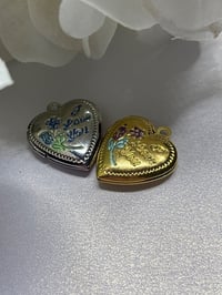 Image 1 of Two Heart-Shaped "I Love You" Gold &amp; Silver Lockets | Blue &amp; Purple Flowers