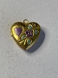 Image 1 of Purple Heart Flower Photo Locket | Goldtone, Mini | Romantic Keepsake 