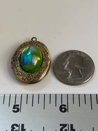 Image 3 of Vintage Brass Floral Locket | Czech Peridot AB Glass Cabochon| Antique Style Jewelry