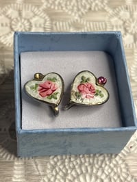 Image 1 of Vintage Coro Rose Heart Earrings – Guilloché Enamel Clip Ons, Pink Floral Design