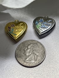 Image 2 of Two Heart-Shaped "I Love You" Gold &amp; Silver Lockets | Blue &amp; Purple Flowers
