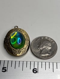 Image 2 of Vintage Brass Floral Locket | Czech Peridot AB Glass Cabochon| Antique Style Jewelry