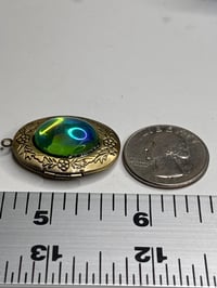 Image 4 of Vintage Brass Floral Locket | Czech Peridot AB Glass Cabochon| Antique Style Jewelry