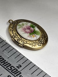 Image 3 of Antique-Rose Locket, Victorian Inspired Brass Oval | German Glass Finding | 18x25 