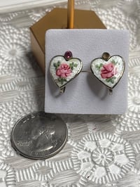 Image 3 of Vintage Coro Rose Heart Earrings – Guilloché Enamel Clip Ons, Pink Floral Design