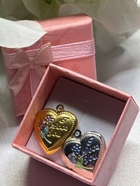 Image 5 of Two Heart-Shaped "I Love You" Gold &amp; Silver Lockets | Blue &amp; Purple Flowers