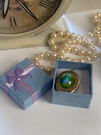 Image 1 of Vintage Brass Floral Locket | Czech Peridot AB Glass Cabochon| Antique Style Jewelry