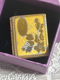 Image 1 of Antique Gold-Tone Book Locket with Floral Etching — Timeworn Patina & Vintage Charm