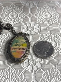 Image 1 of Antique Photo Keepsake: Bronze Locket Necklace With "Leap Fearlessly" Quote & Chain