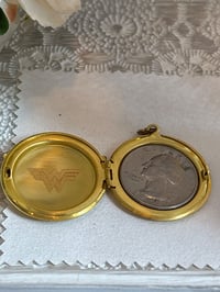 Image 3 of Vintage DC Wonder Woman Gold-Tone Locket Pendant With Blue Stone In Gift Box