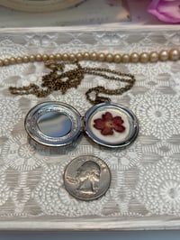 Image 2 of Vintage Bronze Locket Necklace Pressed Flower Inside Proverb 31:25 