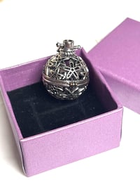 Image 1 of Vintage Silver Filigree Sphere Pendant Locket With Floral Design &amp; Purple Gift Box