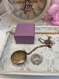 Image 3 of Vintage Bronze Locket Necklace Pressed Flower Inside Proverb 31:25 