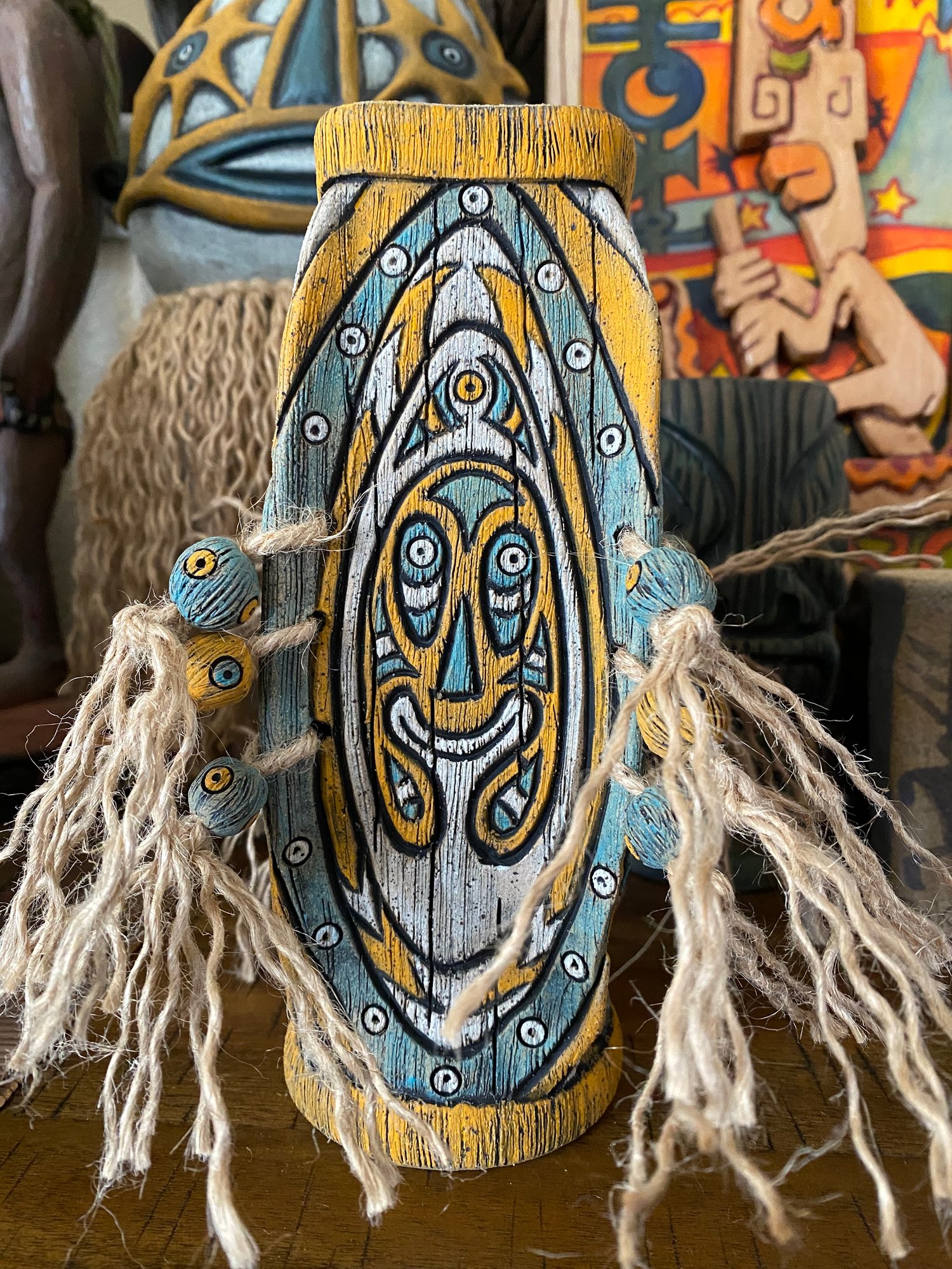 Image of Four Sided Turquoise /Orange/White Shield Mug - “Gopey” - US Shipping Included 