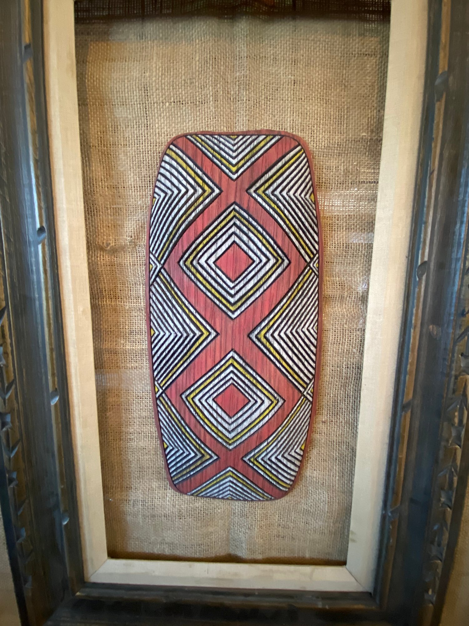 Image of 16.25”x7” Aborigines Inspired Shield Wall Hanger (Frame Not Included) - Yellow/Red/White (b)
