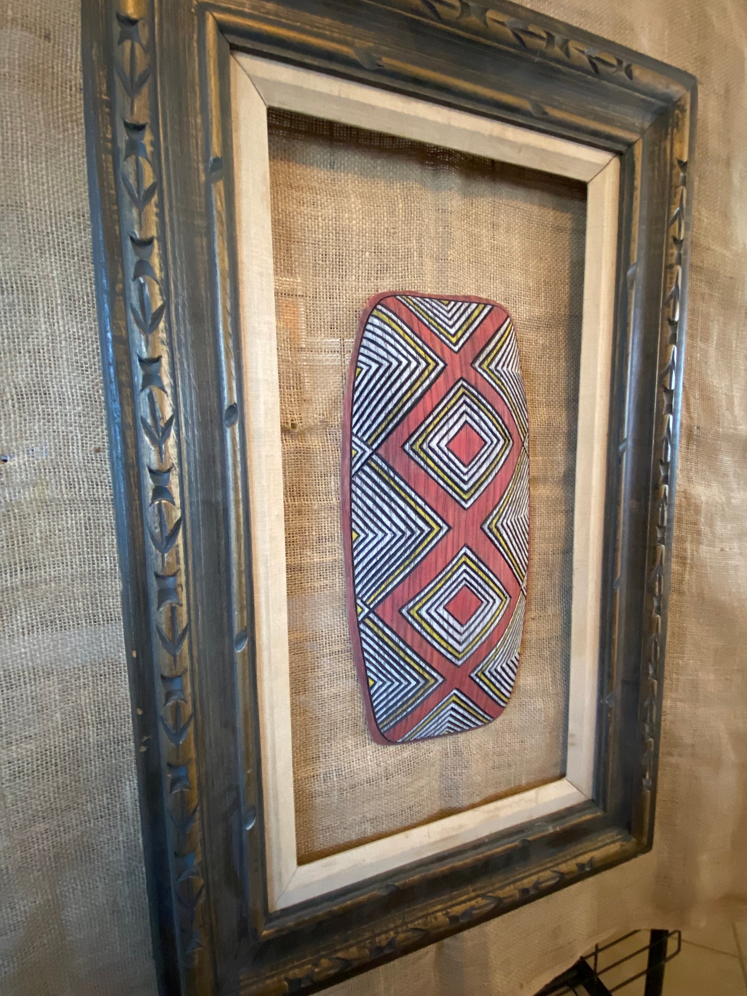 Image of 16.25”x7” Aborigines Inspired Shield Wall Hanger (Frame Not Included) - Yellow/Red/White (b)