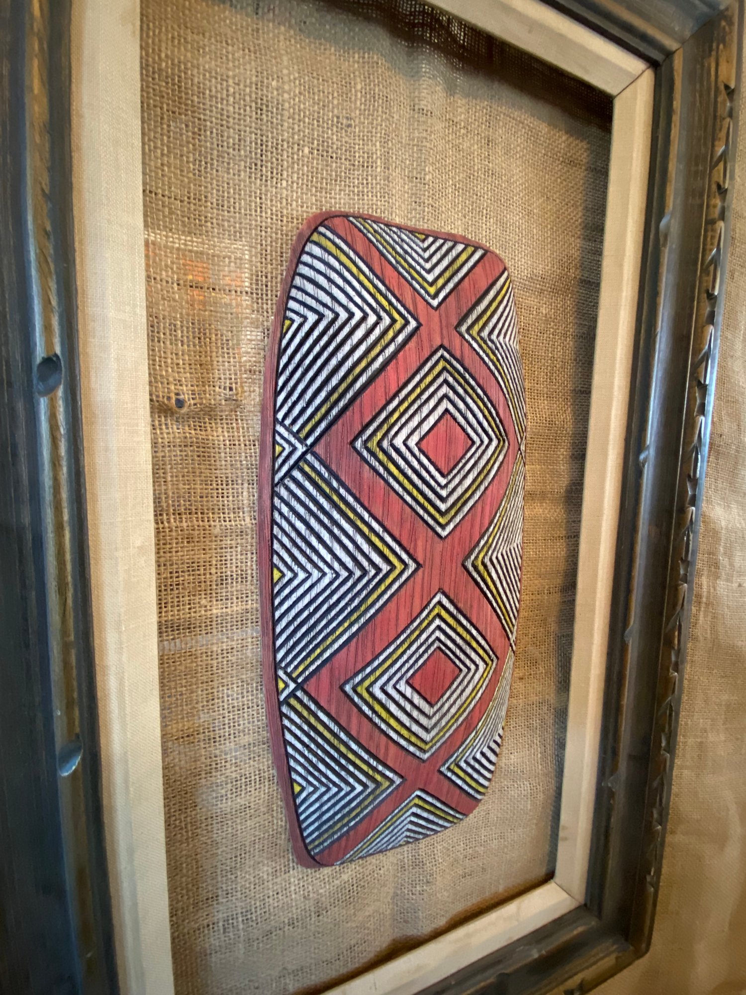 Image of 16.25”x7” Aborigines Inspired Shield Wall Hanger (Frame Not Included) - Yellow/Red/White (b)