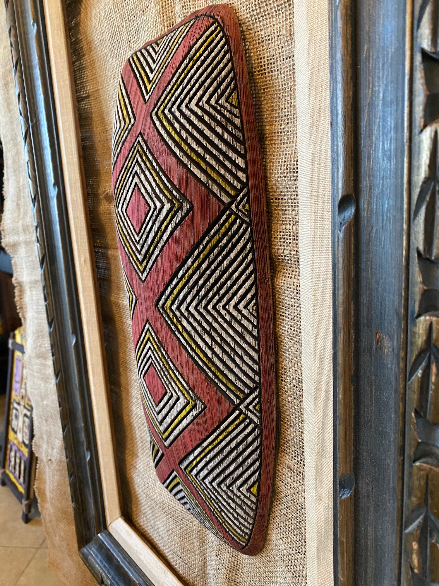 Image of 16.25”x7” Aborigines Inspired Shield Wall Hanger (Frame Not Included) - Yellow/Red/White (b)