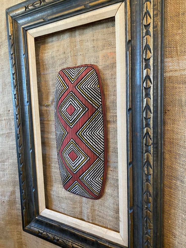 Image of 16.25”x7” Aborigines Inspired Shield Wall Hanger (Frame Not Included) - Yellow/Red/White (b)